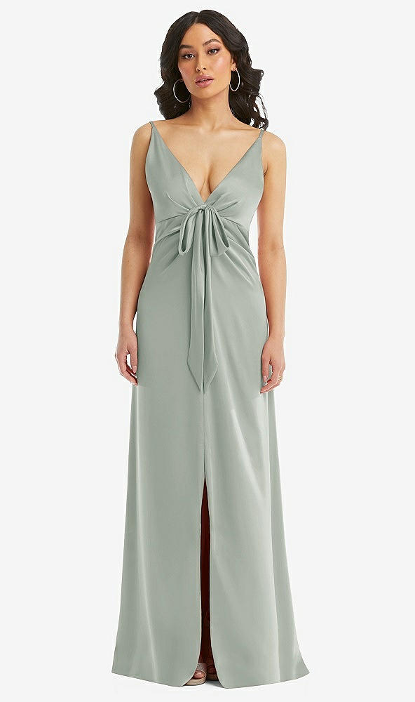 Front View - Willow Green Skinny Strap Plunge Neckline Maxi Dress with Bow Detail