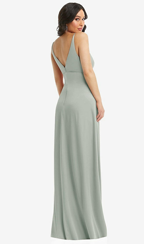 Back View - Willow Green Skinny Strap Plunge Neckline Maxi Dress with Bow Detail