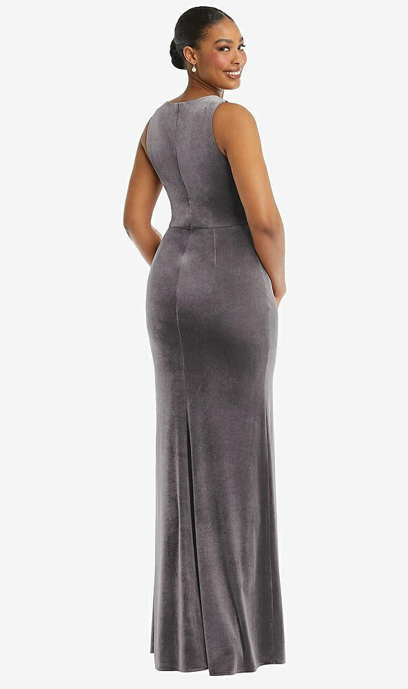 Back View - Caviar Gray Square Neck Closed Back Velvet Maxi Dress 