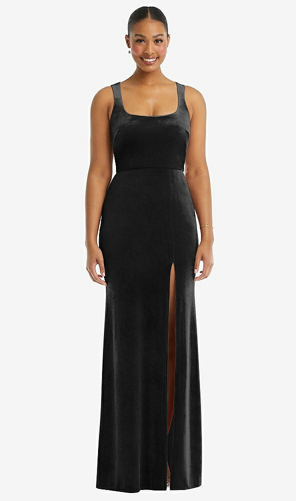 Front View - Black Square Neck Closed Back Velvet Maxi Dress 