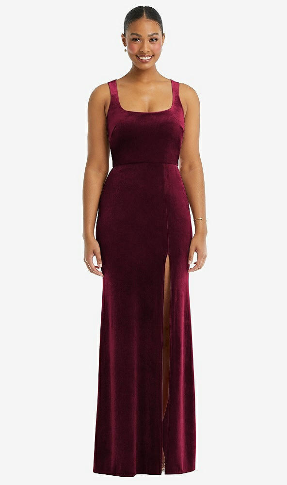 Front View - Cabernet Square Neck Closed Back Velvet Maxi Dress 