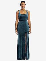 Front View Thumbnail - Dutch Blue Square Neck Closed Back Velvet Maxi Dress 