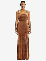 Front View Thumbnail - Golden Almond Square Neck Closed Back Velvet Maxi Dress 