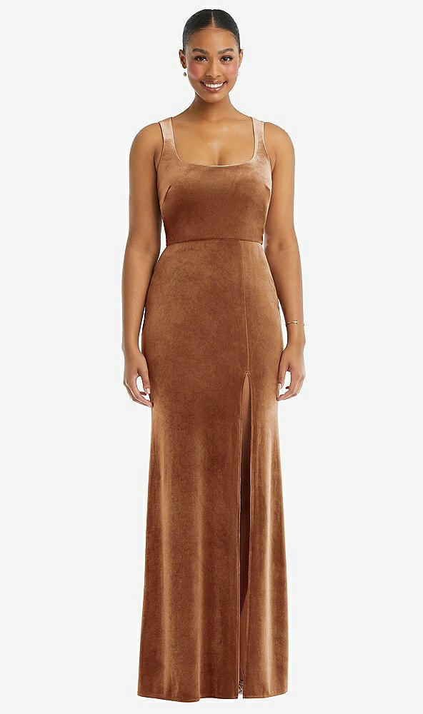 Front View - Golden Almond Square Neck Closed Back Velvet Maxi Dress 