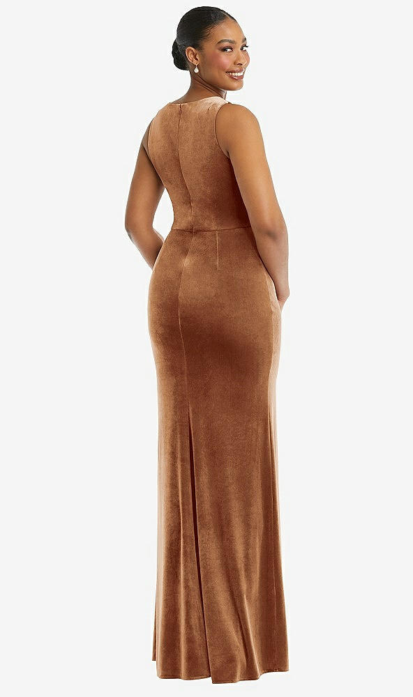 Back View - Golden Almond Square Neck Closed Back Velvet Maxi Dress 