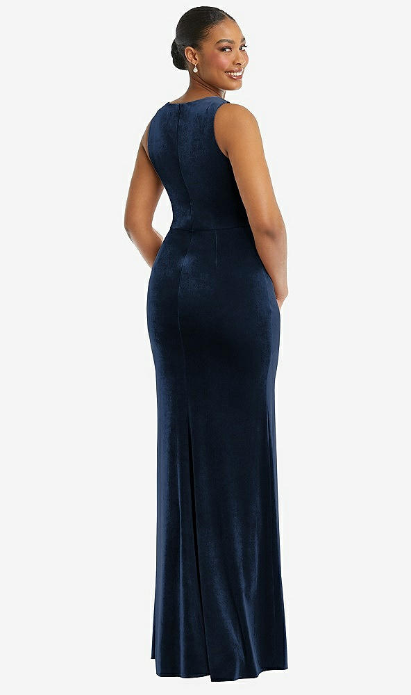 Back View - Midnight Navy Square Neck Closed Back Velvet Maxi Dress 