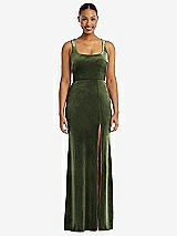 Front View Thumbnail - Olive Green Square Neck Closed Back Velvet Maxi Dress 