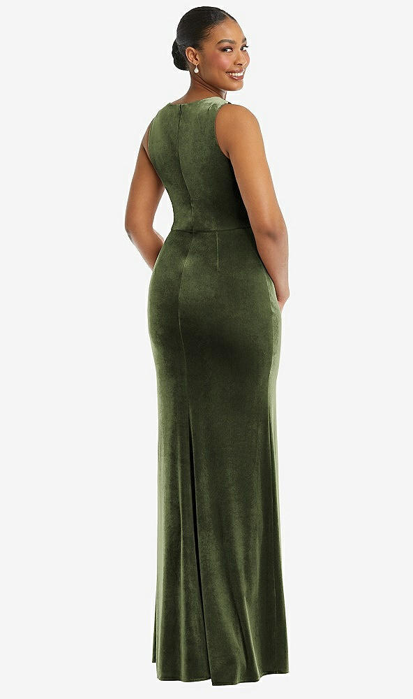 Back View - Olive Green Square Neck Closed Back Velvet Maxi Dress 