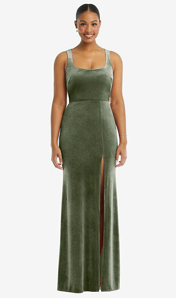 Front View - Sage Square Neck Closed Back Velvet Maxi Dress 