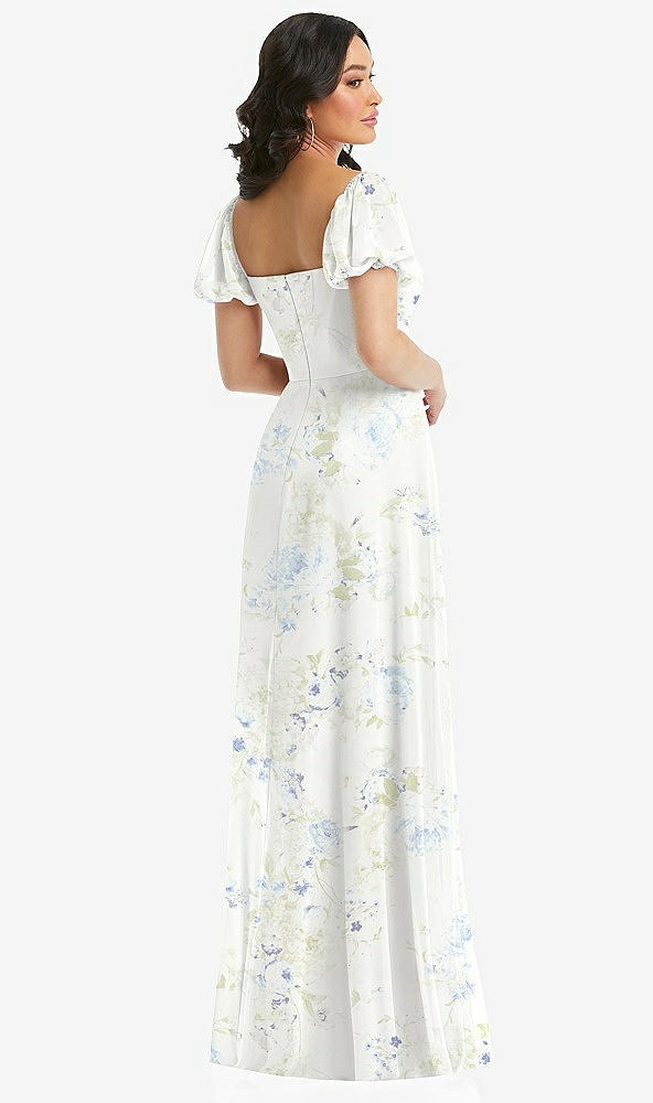 Back View - Bleu Garden Puff Sleeve Chiffon Maxi Dress with Front Slit