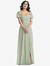 Front View Thumbnail - Celadon Puff Sleeve Chiffon Maxi Dress with Front Slit