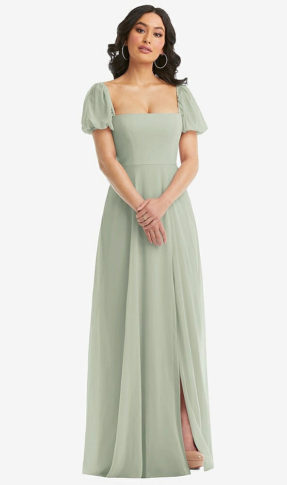 Front View - Celadon Puff Sleeve Chiffon Maxi Dress with Front Slit