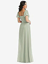 Rear View Thumbnail - Celadon Puff Sleeve Chiffon Maxi Dress with Front Slit