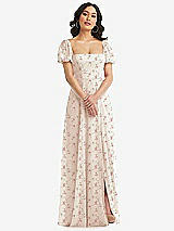 Front View Thumbnail - Coquette Floral Print Puff Sleeve Chiffon Maxi Dress with Front Slit