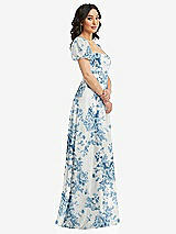 Side View Thumbnail - Cottage Rose Dusk Blue Puff Sleeve Chiffon Maxi Dress with Front Slit