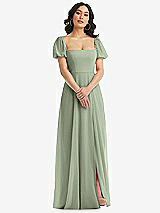 Front View Thumbnail - Sage Puff Sleeve Chiffon Maxi Dress with Front Slit