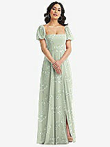 Front View Thumbnail - Vintage Primrose Sage Puff Sleeve Chiffon Maxi Dress with Front Slit