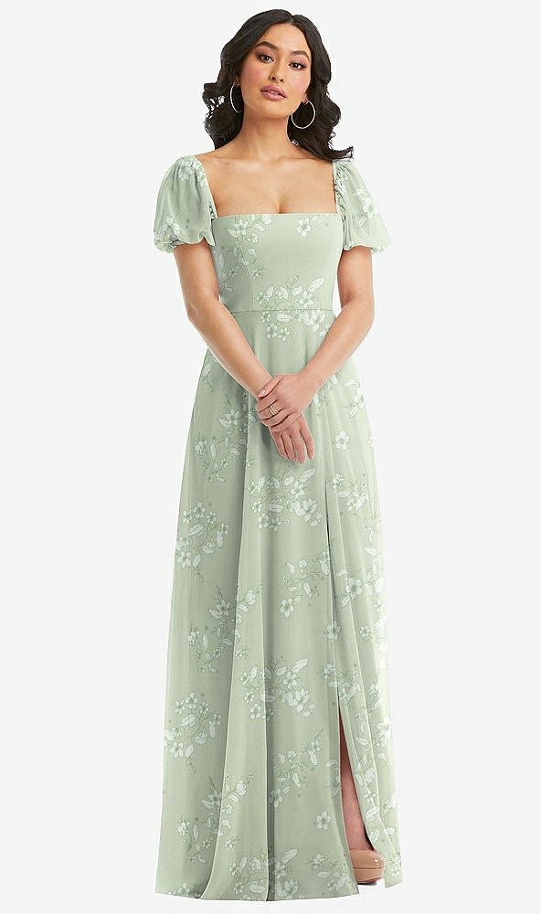 Front View - Vintage Primrose Sage Puff Sleeve Chiffon Maxi Dress with Front Slit