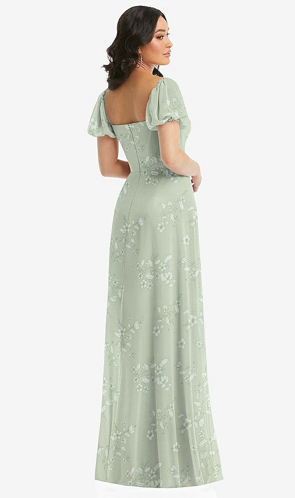 Back View - Vintage Primrose Sage Puff Sleeve Chiffon Maxi Dress with Front Slit