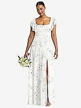 Front View Thumbnail - Bleu Garden Flutter Sleeve Scoop Open-Back Chiffon Maxi Dress