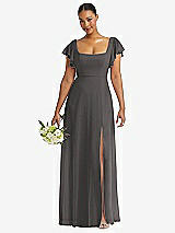 Front View Thumbnail - Caviar Gray Flutter Sleeve Scoop Open-Back Chiffon Maxi Dress