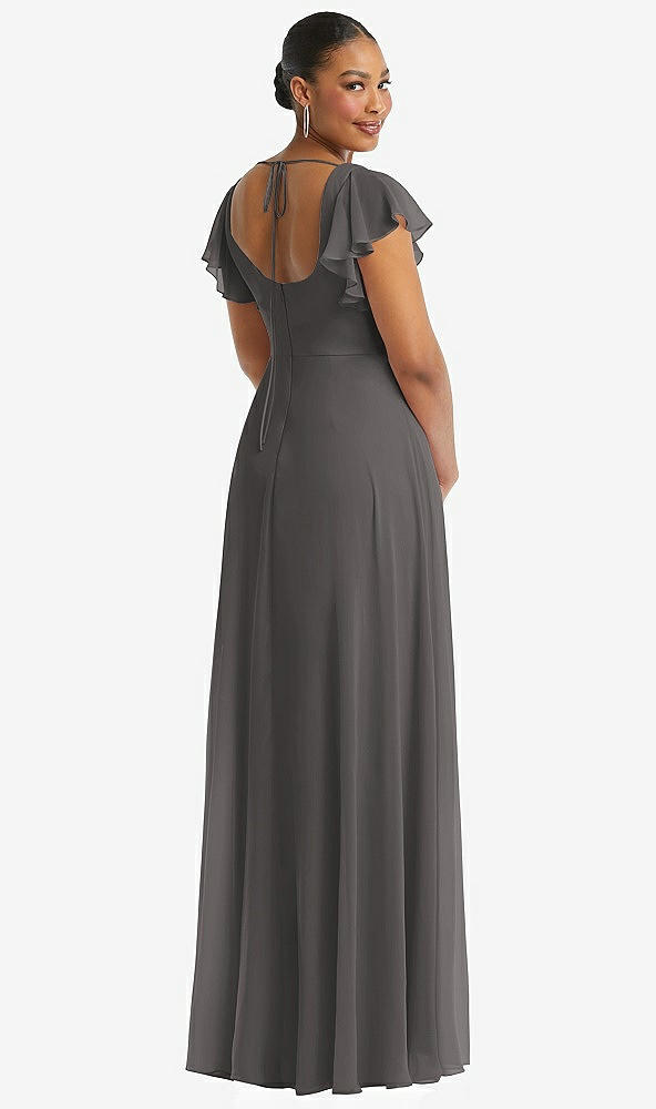 Back View - Caviar Gray Flutter Sleeve Scoop Open-Back Chiffon Maxi Dress