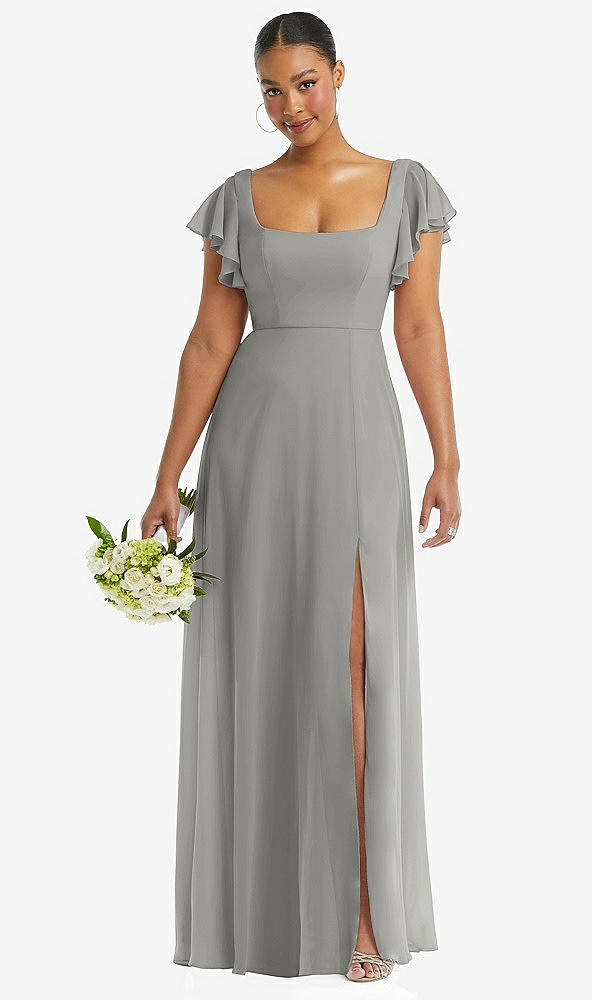 Front View - Chelsea Gray Flutter Sleeve Scoop Open-Back Chiffon Maxi Dress