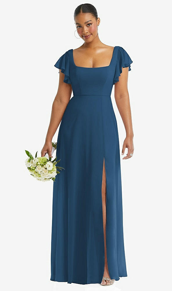 Front View - Dusk Blue Flutter Sleeve Scoop Open-Back Chiffon Maxi Dress