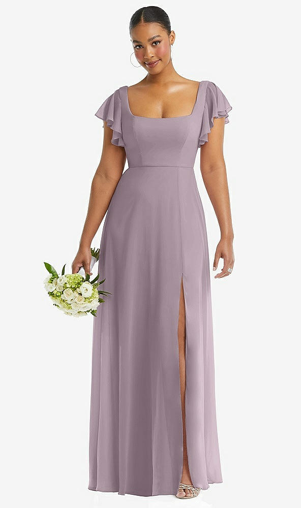 Front View - Lilac Dusk Flutter Sleeve Scoop Open-Back Chiffon Maxi Dress