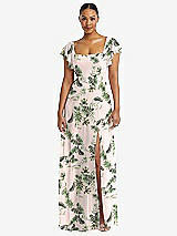 Alt View 1 Thumbnail - Palm Beach Print Flutter Sleeve Scoop Open-Back Chiffon Maxi Dress