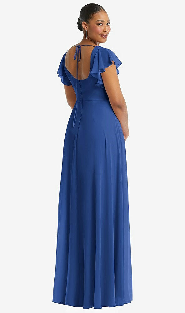 Back View - Classic Blue Flutter Sleeve Scoop Open-Back Chiffon Maxi Dress