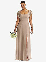 Front View Thumbnail - Topaz Flutter Sleeve Scoop Open-Back Chiffon Maxi Dress