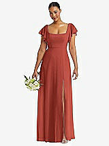 Front View Thumbnail - Amber Sunset Flutter Sleeve Scoop Open-Back Chiffon Maxi Dress