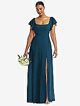 Front View Thumbnail - Atlantic Blue Flutter Sleeve Scoop Open-Back Chiffon Maxi Dress