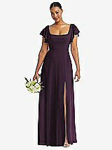 Front View Thumbnail - Aubergine Flutter Sleeve Scoop Open-Back Chiffon Maxi Dress