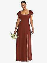 Front View Thumbnail - Auburn Moon Flutter Sleeve Scoop Open-Back Chiffon Maxi Dress