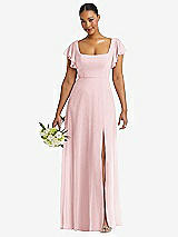 Front View Thumbnail - Ballet Pink Flutter Sleeve Scoop Open-Back Chiffon Maxi Dress