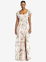 Alt View 1 Thumbnail - Blush Garden Flutter Sleeve Scoop Open-Back Chiffon Maxi Dress