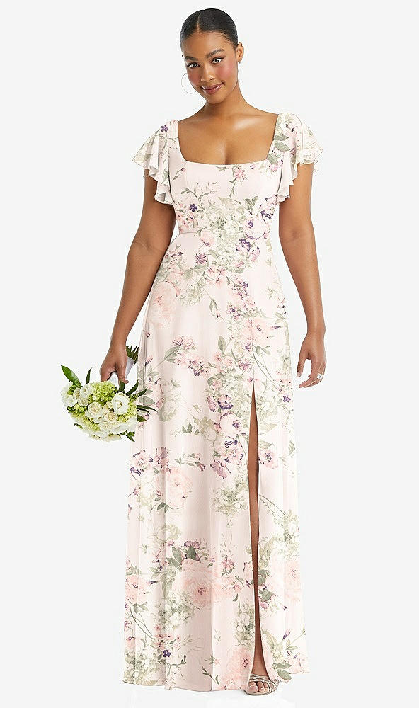 Front View - Blush Garden Flutter Sleeve Scoop Open-Back Chiffon Maxi Dress