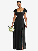 Front View Thumbnail - Black Flutter Sleeve Scoop Open-Back Chiffon Maxi Dress