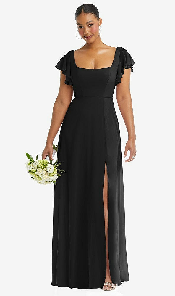 Front View - Black Flutter Sleeve Scoop Open-Back Chiffon Maxi Dress