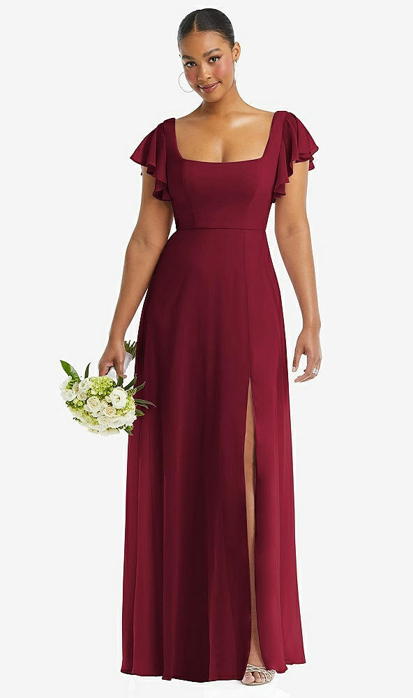 Front View - Burgundy Flutter Sleeve Scoop Open-Back Chiffon Maxi Dress