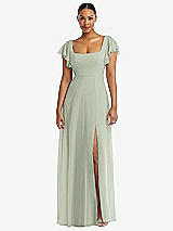 Alt View 1 Thumbnail - Celadon Flutter Sleeve Scoop Open-Back Chiffon Maxi Dress