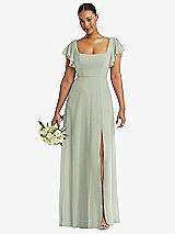 Front View Thumbnail - Celadon Flutter Sleeve Scoop Open-Back Chiffon Maxi Dress