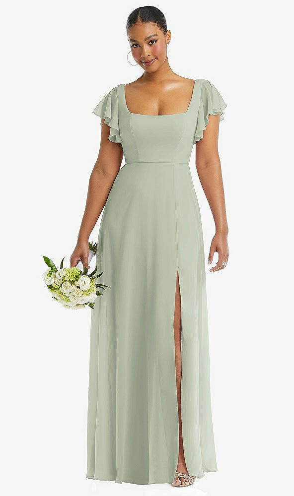 Front View - Celadon Flutter Sleeve Scoop Open-Back Chiffon Maxi Dress