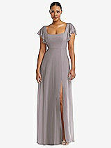 Alt View 1 Thumbnail - Cashmere Gray Flutter Sleeve Scoop Open-Back Chiffon Maxi Dress