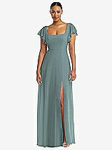 Alt View 1 Thumbnail - Icelandic Flutter Sleeve Scoop Open-Back Chiffon Maxi Dress