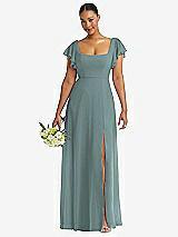 Front View Thumbnail - Icelandic Flutter Sleeve Scoop Open-Back Chiffon Maxi Dress