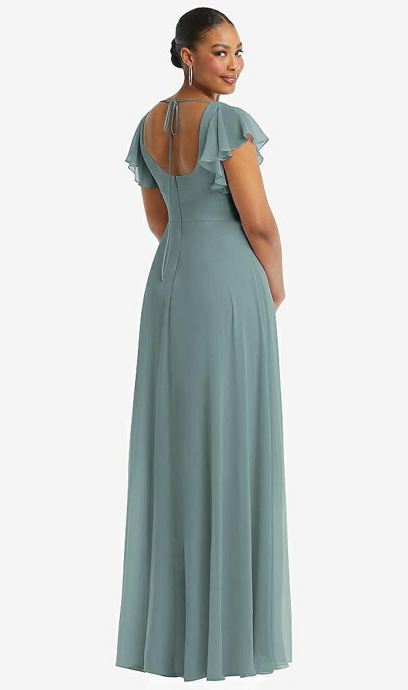 Back View - Icelandic Flutter Sleeve Scoop Open-Back Chiffon Maxi Dress