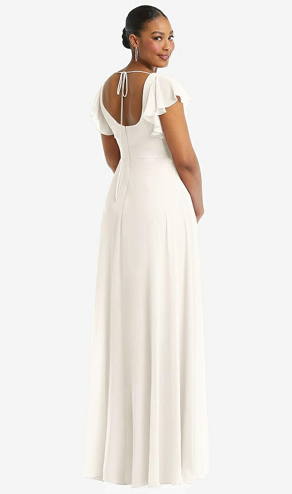 Back View - Ivory Flutter Sleeve Scoop Open-Back Chiffon Maxi Dress